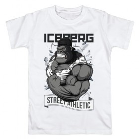Мужская футболка хлопок с принтом Gorilla | Iceberg в Екатеринбурге, 100% хлопок | прямой крой, круглый вырез горловины, длина до линии бедер, слегка спущенное плечо. | Тематика изображения на принте: 