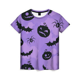 Женская футболка 3D с принтом Хэллоуин узор в Екатеринбурге, 100% полиэфир ( синтетическое хлопкоподобное полотно) | прямой крой, круглый вырез горловины, длина до линии бедер | halloween | летучая мышь | паук | праздник | привидение | тыква | хэллоуин