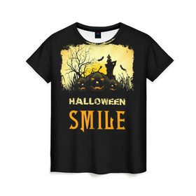 Женская футболка 3D с принтом Smile в Екатеринбурге, 100% полиэфир ( синтетическое хлопкоподобное полотно) | прямой крой, круглый вырез горловины, длина до линии бедер | halloween | замок | летучая мышь | луна | праздник | привидение | тыква | хэллоуин