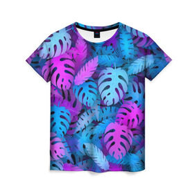 Женская футболка 3D с принтом Сине-розовые тропики в Екатеринбурге, 100% полиэфир ( синтетическое хлопкоподобное полотно) | прямой крой, круглый вырез горловины, длина до линии бедер | джунгли | листья | монстера | пальма | психоделический | текстура | тропики
