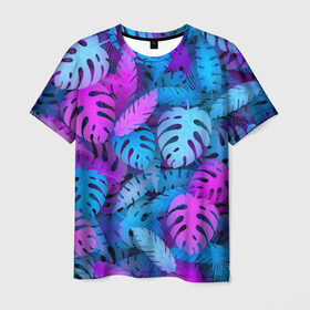 Мужская футболка 3D с принтом Сине-розовые тропики в Екатеринбурге, 100% полиэфир | прямой крой, круглый вырез горловины, длина до линии бедер | Тематика изображения на принте: джунгли | листья | монстера | пальма | психоделический | текстура | тропики