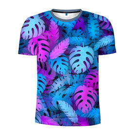 Мужская футболка 3D спортивная с принтом Сине-розовые тропики в Екатеринбурге, 100% полиэстер с улучшенными характеристиками | приталенный силуэт, круглая горловина, широкие плечи, сужается к линии бедра | джунгли | листья | монстера | пальма | психоделический | текстура | тропики