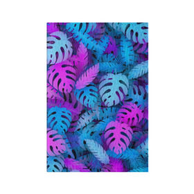 Обложка для паспорта матовая кожа с принтом Сине-розовые тропики в Екатеринбурге, натуральная матовая кожа | размер 19,3 х 13,7 см; прозрачные пластиковые крепления | джунгли | листья | монстера | пальма | психоделический | текстура | тропики