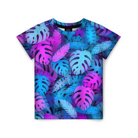 Детская футболка 3D с принтом Сине-розовые тропики в Екатеринбурге, 100% гипоаллергенный полиэфир | прямой крой, круглый вырез горловины, длина до линии бедер, чуть спущенное плечо, ткань немного тянется | джунгли | листья | монстера | пальма | психоделический | текстура | тропики