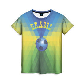 Женская футболка 3D с принтом Бразилия в Екатеринбурге, 100% полиэфир ( синтетическое хлопкоподобное полотно) | прямой крой, круглый вырез горловины, длина до линии бедер | бразилия | геометрия | игра | кубок | мяч | полигональный | спорт | футбол