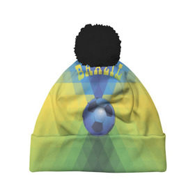 Шапка 3D c помпоном с принтом Бразилия в Екатеринбурге, 100% полиэстер | универсальный размер, печать по всей поверхности изделия | Тематика изображения на принте: бразилия | геометрия | игра | кубок | мяч | полигональный | спорт | футбол