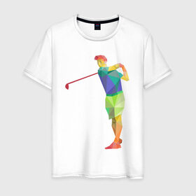 Мужская футболка хлопок с принтом Гольфист в Екатеринбурге, 100% хлопок | прямой крой, круглый вырез горловины, длина до линии бедер, слегка спущенное плечо. | геометрия | гольф | клюшка | мяч | полигонал