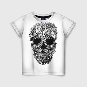 Детская футболка 3D с принтом Череп в Екатеринбурге, 100% гипоаллергенный полиэфир | прямой крой, круглый вырез горловины, длина до линии бедер, чуть спущенное плечо, ткань немного тянется | скелет. скилет | ужас | хеллоуин | череп. кости | черепушка | черно белый