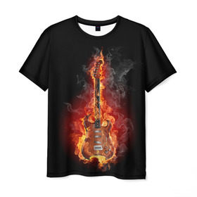 Мужская футболка 3D с принтом Адская гитара в Екатеринбурге, 100% полиэфир | прямой крой, круглый вырез горловины, длина до линии бедер | ад | арт | дым | музыка | новинки | огонь | пламя | популярные | энергия | яркие