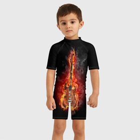 Детский купальный костюм 3D с принтом Адская гитара в Екатеринбурге, Полиэстер 85%, Спандекс 15% | застежка на молнии на спине | ад | арт | дым | музыка | новинки | огонь | пламя | популярные | энергия | яркие