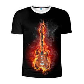 Мужская футболка 3D спортивная с принтом Адская гитара в Екатеринбурге, 100% полиэстер с улучшенными характеристиками | приталенный силуэт, круглая горловина, широкие плечи, сужается к линии бедра | Тематика изображения на принте: ад | арт | дым | музыка | новинки | огонь | пламя | популярные | энергия | яркие