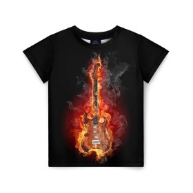 Детская футболка 3D с принтом Адская гитара в Екатеринбурге, 100% гипоаллергенный полиэфир | прямой крой, круглый вырез горловины, длина до линии бедер, чуть спущенное плечо, ткань немного тянется | ад | арт | дым | музыка | новинки | огонь | пламя | популярные | энергия | яркие