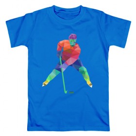 Мужская футболка хлопок с принтом Хоккеист в Екатеринбурге, 100% хлопок | прямой крой, круглый вырез горловины, длина до линии бедер, слегка спущенное плечо. | геометрия | клюшка | полигонал | хл | хоккеист | шайба