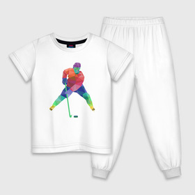 Детская пижама хлопок с принтом Хоккеист в Екатеринбурге, 100% хлопок |  брюки и футболка прямого кроя, без карманов, на брюках мягкая резинка на поясе и по низу штанин
 | геометрия | клюшка | полигонал | хл | хоккеист | шайба