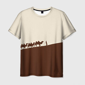 Мужская футболка 3D с принтом Пустыня в Екатеринбурге, 100% полиэфир | прямой крой, круглый вырез горловины, длина до линии бедер | Тематика изображения на принте: верблюды | коричневый