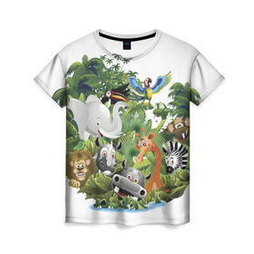 Женская футболка 3D с принтом Веселые джунгли в Екатеринбурге, 100% полиэфир ( синтетическое хлопкоподобное полотно) | прямой крой, круглый вырез горловины, длина до линии бедер | животные | зоо | новинки | пальма | парк | яркие