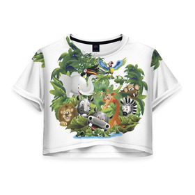 Женская футболка 3D укороченная с принтом Веселые джунгли в Екатеринбурге, 100% полиэстер | круглая горловина, длина футболки до линии талии, рукава с отворотами | животные | зоо | новинки | пальма | парк | яркие