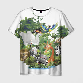 Мужская футболка 3D с принтом Веселые джунгли в Екатеринбурге, 100% полиэфир | прямой крой, круглый вырез горловины, длина до линии бедер | животные | зоо | новинки | пальма | парк | яркие