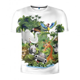 Мужская футболка 3D спортивная с принтом Веселые джунгли в Екатеринбурге, 100% полиэстер с улучшенными характеристиками | приталенный силуэт, круглая горловина, широкие плечи, сужается к линии бедра | животные | зоо | новинки | пальма | парк | яркие