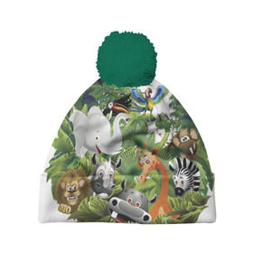 Шапка 3D c помпоном с принтом Веселые джунгли в Екатеринбурге, 100% полиэстер | универсальный размер, печать по всей поверхности изделия | животные | зоо | новинки | пальма | парк | яркие