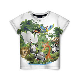 Детская футболка 3D с принтом Веселые джунгли в Екатеринбурге, 100% гипоаллергенный полиэфир | прямой крой, круглый вырез горловины, длина до линии бедер, чуть спущенное плечо, ткань немного тянется | животные | зоо | новинки | пальма | парк | яркие