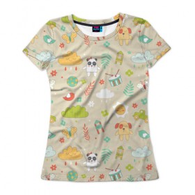 Женская футболка 3D с принтом Детский узор в Екатеринбурге, 100% полиэфир ( синтетическое хлопкоподобное полотно) | прямой крой, круглый вырез горловины, длина до линии бедер | бабочка | панда | паттерн | светлый | щенок