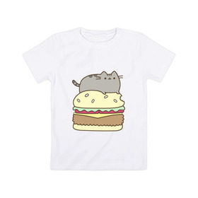 Детская футболка хлопок с принтом Котик с бургером в Екатеринбурге, 100% хлопок | круглый вырез горловины, полуприлегающий силуэт, длина до линии бедер | Тематика изображения на принте: бургер | еда | животные | кот