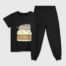 Детская пижама хлопок с принтом Котик с бургером в Екатеринбурге, 100% хлопок |  брюки и футболка прямого кроя, без карманов, на брюках мягкая резинка на поясе и по низу штанин
 | бургер | еда | животные | кот