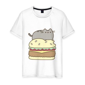 Мужская футболка хлопок с принтом Котик с бургером в Екатеринбурге, 100% хлопок | прямой крой, круглый вырез горловины, длина до линии бедер, слегка спущенное плечо. | бургер | еда | животные | кот