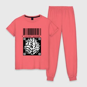 Женская пижама хлопок с принтом QR brain code в Екатеринбурге, 100% хлопок | брюки и футболка прямого кроя, без карманов, на брюках мягкая резинка на поясе и по низу штанин | code | qr | математика | пи | штрихкод