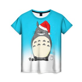 Женская футболка 3D с принтом Тоторо под снегом в Екатеринбурге, 100% полиэфир ( синтетическое хлопкоподобное полотно) | прямой крой, круглый вырез горловины, длина до линии бедер | totoro | аниме | новогодние аниме | новый год | рождественские аниме | тоторо