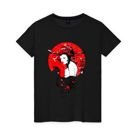 Женская футболка хлопок с принтом Гейша в Екатеринбурге, 100% хлопок | прямой крой, круглый вырез горловины, длина до линии бедер, слегка спущенное плечо | 3d | народные | прикольные | сакура | цветы | этнические | япония