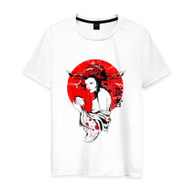 Мужская футболка хлопок с принтом Гейша в Екатеринбурге, 100% хлопок | прямой крой, круглый вырез горловины, длина до линии бедер, слегка спущенное плечо. | 3d | народные | прикольные | сакура | цветы | этнические | япония