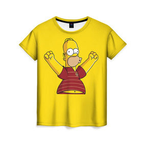 Женская футболка 3D с принтом Гомер-болельщик в Екатеринбурге, 100% полиэфир ( синтетическое хлопкоподобное полотно) | прямой крой, круглый вырез горловины, длина до линии бедер | simpsons