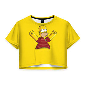 Женская футболка 3D укороченная с принтом Гомер-болельщик в Екатеринбурге, 100% полиэстер | круглая горловина, длина футболки до линии талии, рукава с отворотами | simpsons