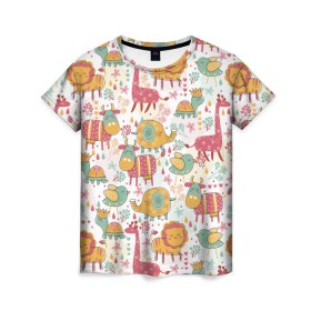 Женская футболка 3D с принтом Детские рисунки в Екатеринбурге, 100% полиэфир ( синтетическое хлопкоподобное полотно) | прямой крой, круглый вырез горловины, длина до линии бедер | дети | животные | жираф | лев | птица | рисунок | слон | фауна | черепаха