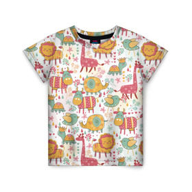 Детская футболка 3D с принтом Детские рисунки в Екатеринбурге, 100% гипоаллергенный полиэфир | прямой крой, круглый вырез горловины, длина до линии бедер, чуть спущенное плечо, ткань немного тянется | дети | животные | жираф | лев | птица | рисунок | слон | фауна | черепаха