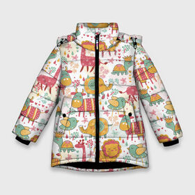 Зимняя куртка для девочек 3D с принтом Детские рисунки в Екатеринбурге, ткань верха — 100% полиэстер; подклад — 100% полиэстер, утеплитель — 100% полиэстер. | длина ниже бедра, удлиненная спинка, воротник стойка и отстегивающийся капюшон. Есть боковые карманы с листочкой на кнопках, утяжки по низу изделия и внутренний карман на молнии. 

Предусмотрены светоотражающий принт на спинке, радужный светоотражающий элемент на пуллере молнии и на резинке для утяжки. | дети | животные | жираф | лев | птица | рисунок | слон | фауна | черепаха