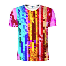 Мужская футболка 3D спортивная с принтом Пиксилизация в Екатеринбурге, 100% полиэстер с улучшенными характеристиками | приталенный силуэт, круглая горловина, широкие плечи, сужается к линии бедра | полосы | разноцветный | яркий