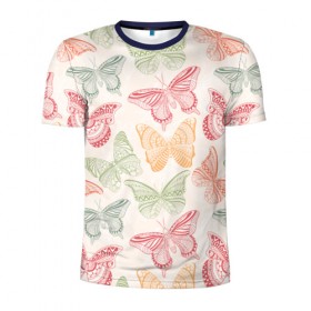 Мужская футболка 3D спортивная с принтом Узор из бабочек в Екатеринбурге, 100% полиэстер с улучшенными характеристиками | приталенный силуэт, круглая горловина, широкие плечи, сужается к линии бедра | акварель | бабочка | весна | мозаика | насекомые | рисунок | трайбл | узор | этно