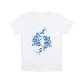 Детская футболка хлопок с принтом Японские карпы Кои в Екатеринбурге, 100% хлопок | круглый вырез горловины, полуприлегающий силуэт, длина до линии бедер | Тематика изображения на принте: вода | зодиак | карп | кои | рыба | япония