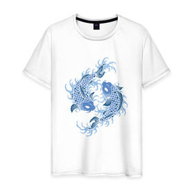 Мужская футболка хлопок с принтом Японские карпы Кои в Екатеринбурге, 100% хлопок | прямой крой, круглый вырез горловины, длина до линии бедер, слегка спущенное плечо. | Тематика изображения на принте: вода | зодиак | карп | кои | рыба | япония