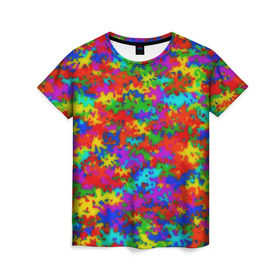 Женская футболка 3D с принтом Радужный камуфляж в Екатеринбурге, 100% полиэфир ( синтетическое хлопкоподобное полотно) | прямой крой, круглый вырез горловины, длина до линии бедер | dye | tie | tie dye | краска | милитари | радуга | тай дай | текстура | цвет