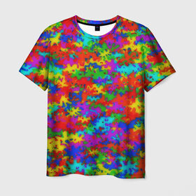 Мужская футболка 3D с принтом Радужный камуфляж в Екатеринбурге, 100% полиэфир | прямой крой, круглый вырез горловины, длина до линии бедер | Тематика изображения на принте: dye | tie | tie dye | краска | милитари | радуга | тай дай | текстура | цвет