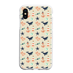 Чехол для iPhone XS Max матовый с принтом Морской узор в Екатеринбурге, Силикон | Область печати: задняя сторона чехла, без боковых панелей | буй | вода | звезда | кит | коралл | маяк | мозаика | море | океан | песок | ракушка | узор | якорь