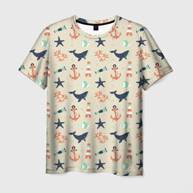 Мужская футболка 3D с принтом Морской узор в Екатеринбурге, 100% полиэфир | прямой крой, круглый вырез горловины, длина до линии бедер | буй | вода | звезда | кит | коралл | маяк | мозаика | море | океан | песок | ракушка | узор | якорь
