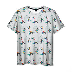 Мужская футболка 3D с принтом Ласточки в Екатеринбурге, 100% полиэфир | прямой крой, круглый вырез горловины, длина до линии бедер | весна | клетка | ласточка | мозаика | письмо | птица | узор