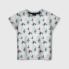 Детская футболка 3D с принтом Ласточки в Екатеринбурге, 100% гипоаллергенный полиэфир | прямой крой, круглый вырез горловины, длина до линии бедер, чуть спущенное плечо, ткань немного тянется | весна | клетка | ласточка | мозаика | письмо | птица | узор