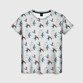 Женская футболка 3D с принтом Ласточки в Екатеринбурге, 100% полиэфир ( синтетическое хлопкоподобное полотно) | прямой крой, круглый вырез горловины, длина до линии бедер | весна | клетка | ласточка | мозаика | письмо | птица | узор