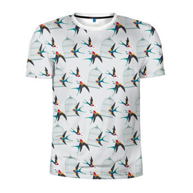 Мужская футболка 3D спортивная с принтом Ласточки в Екатеринбурге, 100% полиэстер с улучшенными характеристиками | приталенный силуэт, круглая горловина, широкие плечи, сужается к линии бедра | весна | клетка | ласточка | мозаика | письмо | птица | узор